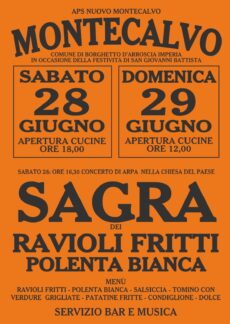 Festa di San Giovanni a Montecalvo (IM), 28-29 giugno: sagra tipica, concerto d’arpa con Frauke Maria Horn, messa, processione e pesca di beneficenza. Ingresso libero.