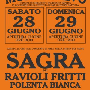 Festa di San Giovanni a Montecalvo (IM), 28-29 giugno: sagra tipica, concerto d’arpa con Frauke Maria Horn, messa, processione e pesca di beneficenza. Ingresso libero.